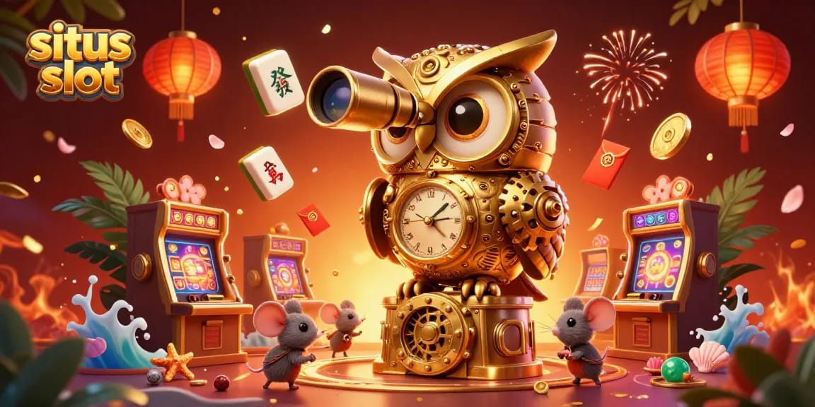 Experience situs slot with a vibrant casino floor featuring a clockwork owl and wind-up mice among slot machines.