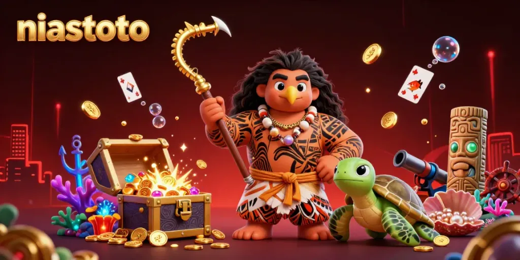 Engage in thrilling gaming adventures with niastoto, featuring a vibrant Polynesian demigod, turtle sidekick, and immersive casino elements.