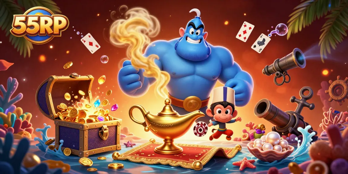 Experience thrilling gameplay at 55RP, featuring a dynamic genie, treasure, and poker chips amidst rich casino elements.