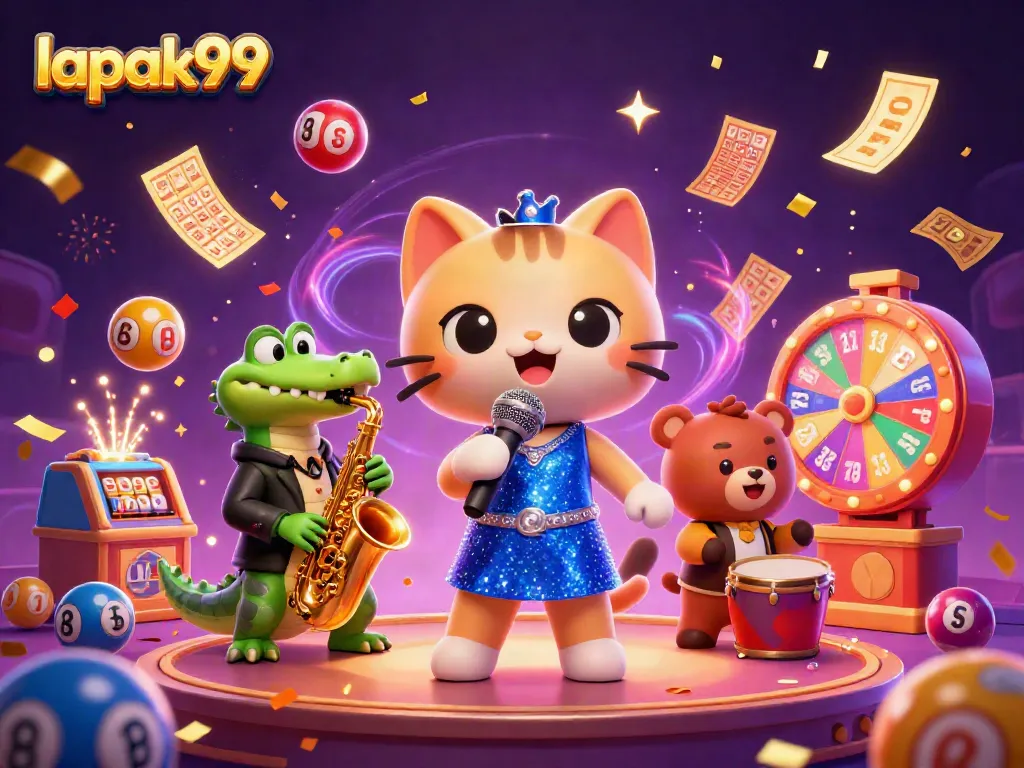 Engage with lapak99's vibrant casino atmosphere featuring colorful characters and dynamic lottery elements.
