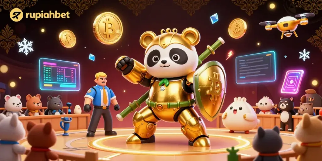 Experience the vibrant scene of rupiahbet's gaming world with a mech-suit panda and crypto elements surrounding