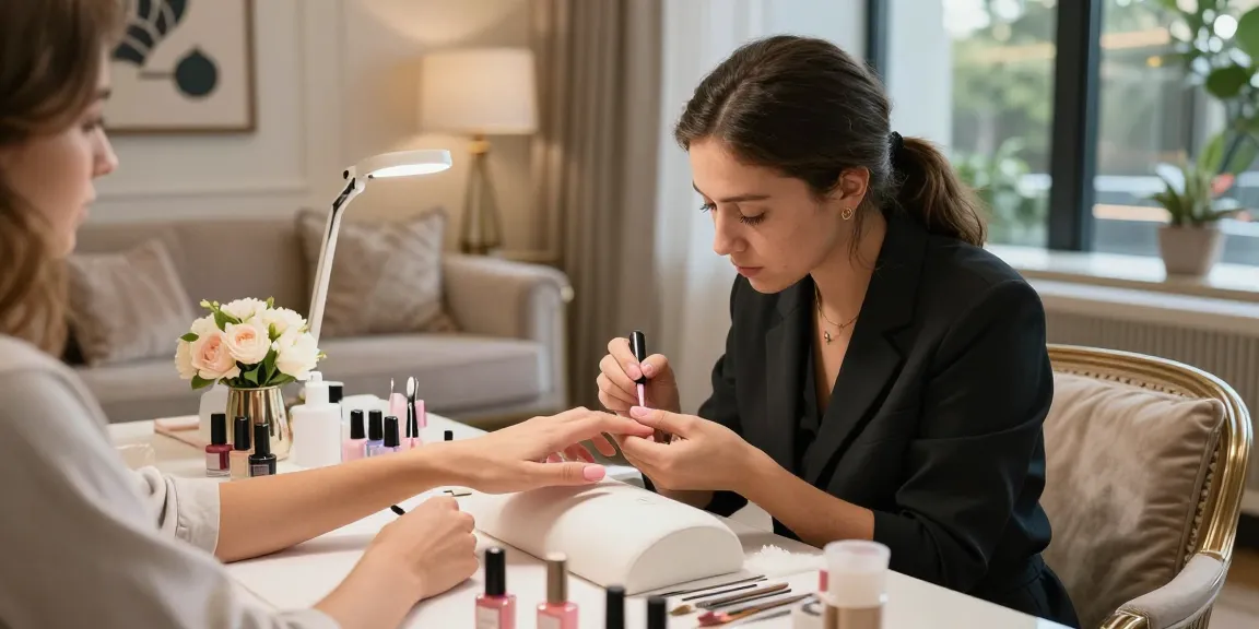 Klip kuku LUXURY 12 dengan teknisi sedang melakukan manicure di salon mewah.