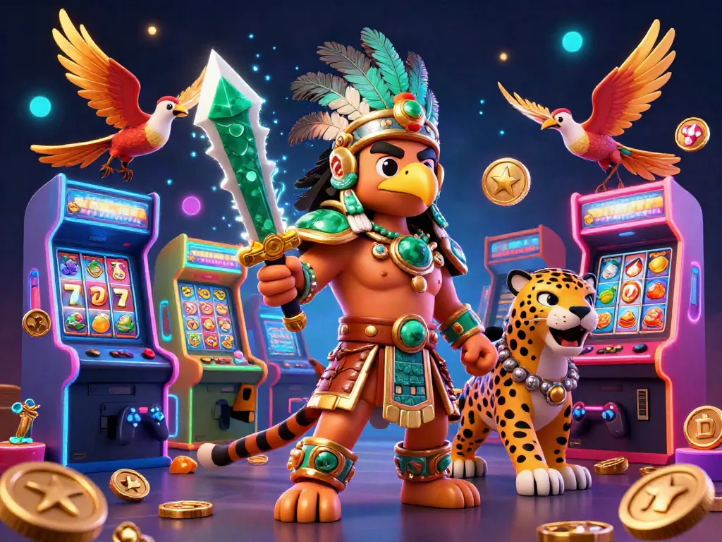Experience high-energy gaming at GEM88 with Aztec warriors and vibrant slot machines.