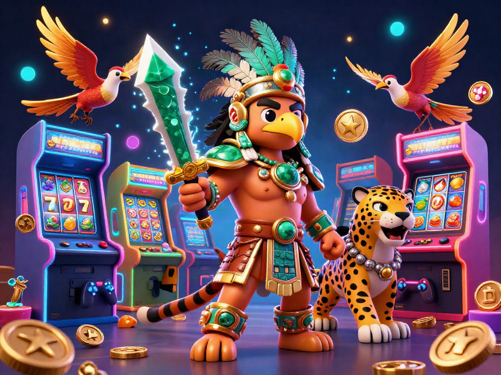 Experience high-energy gaming at GEM88 with Aztec warriors and vibrant slot machines.