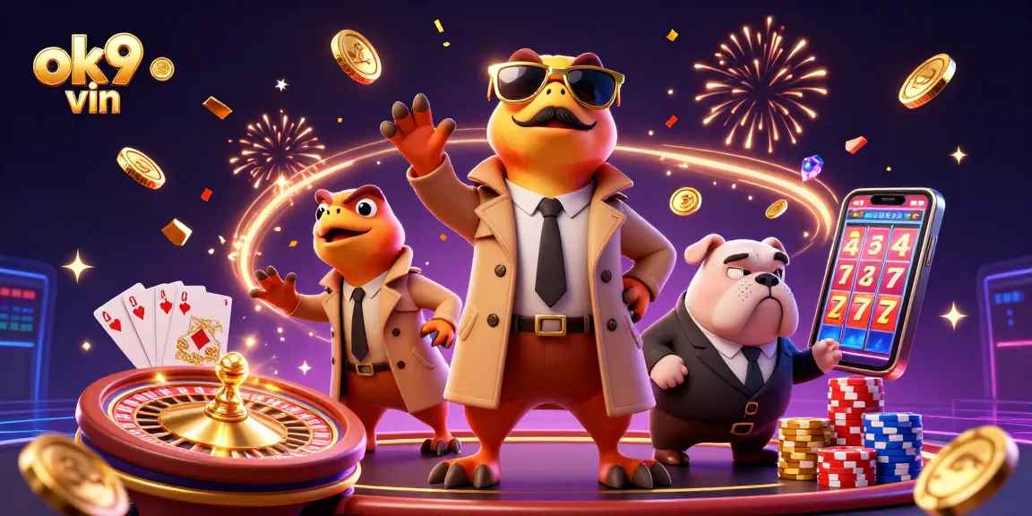 Experience the excitement at ok9 vin casino, featuring raptors and a bulldog bouncer in a vibrant 3D scene.