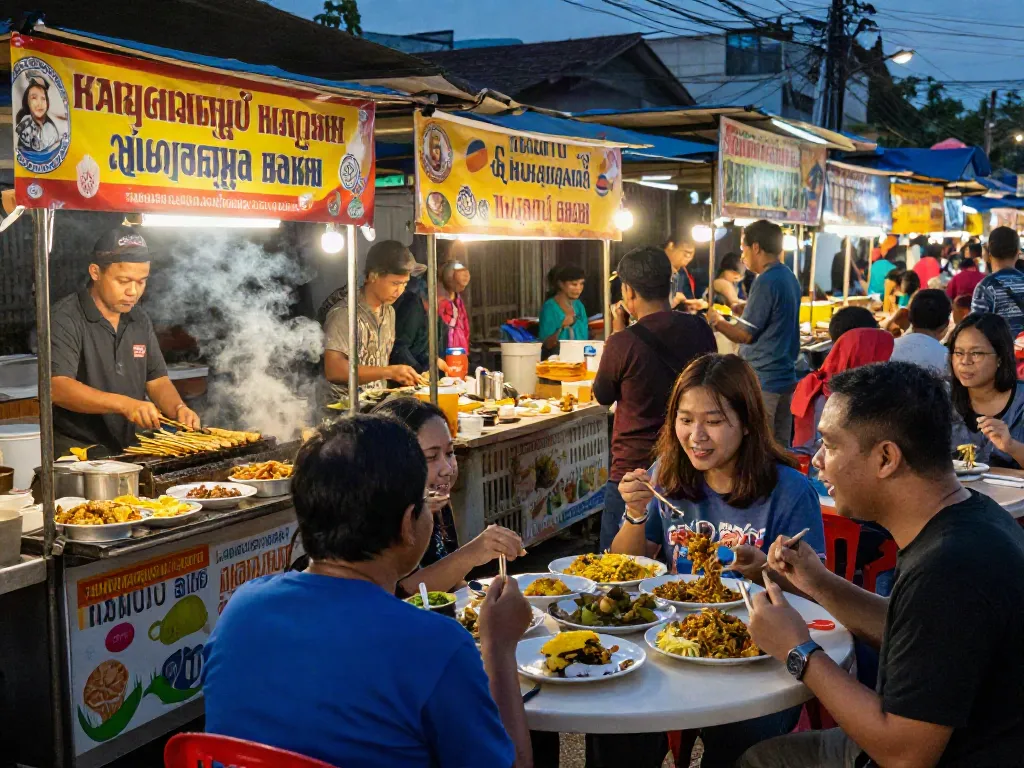 Pasar makanan jalanan yang ramai dengan penjual pecah25 dan pelanggan menikmati hidangan khas Indonesia.