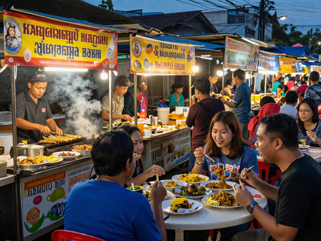 Pasar makanan jalanan yang ramai dengan penjual pecah25 dan pelanggan menikmati hidangan khas Indonesia.