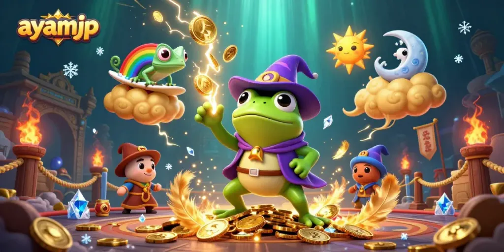 Win big at ayamjp with golden coins and colorful gaming spirits in a dynamic casino scene.