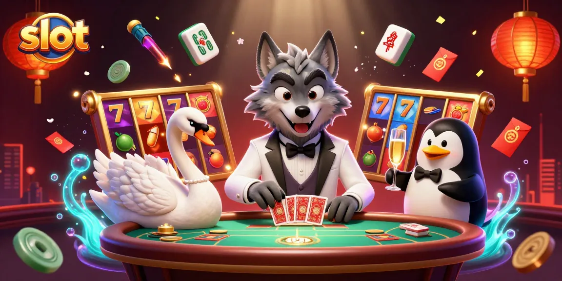 Engage with the world of slot gaming featuring a debonair wolf and elegant characters in a vibrant casino scene.