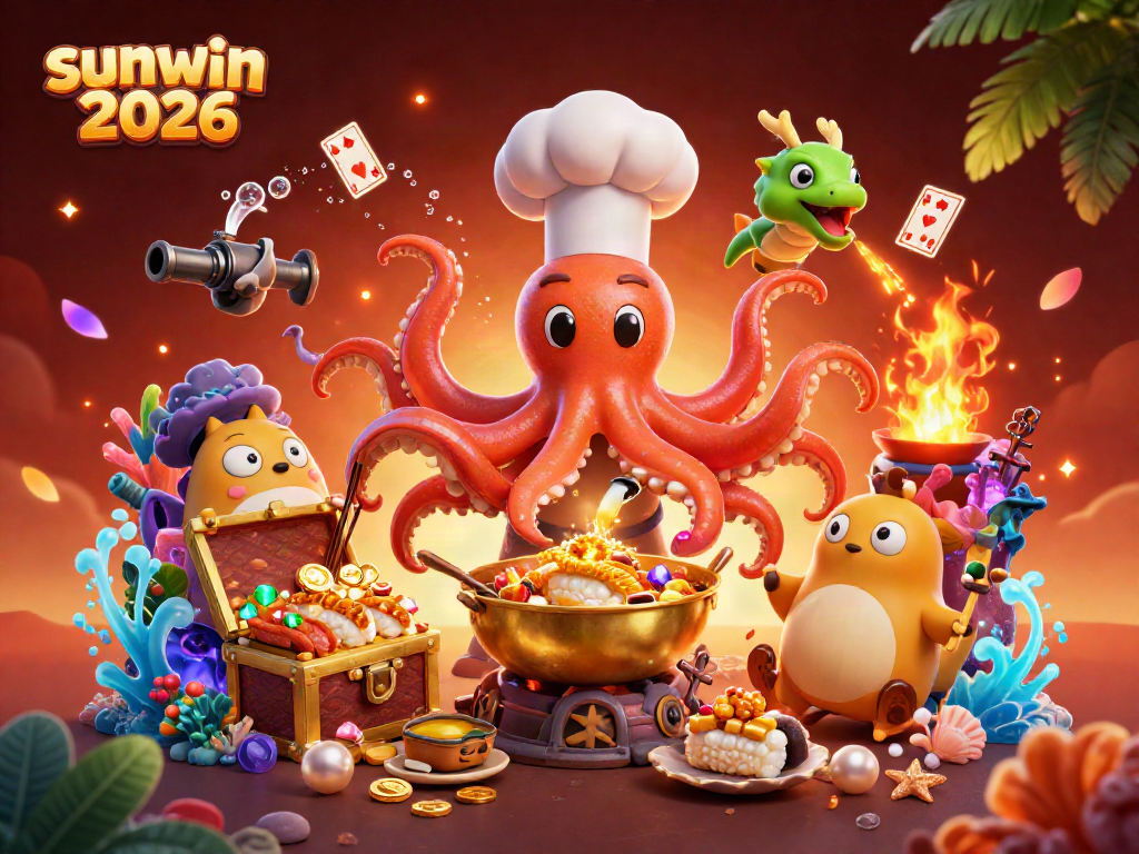 Engage in the thrill of sunwin 2026 with a 3D cartoon scene featuring an octopus chef and friends amid vibrant casino elements.