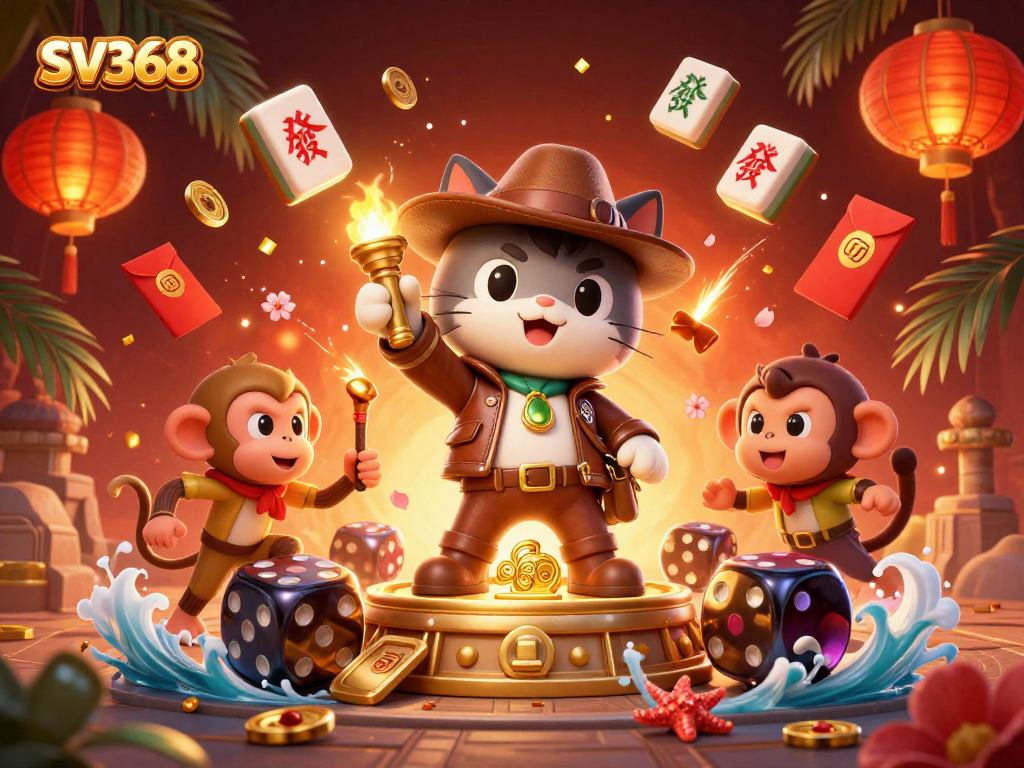 Win big with SV368 as a cartoon cat explorer uncovers casino treasures amid a vibrant scene.