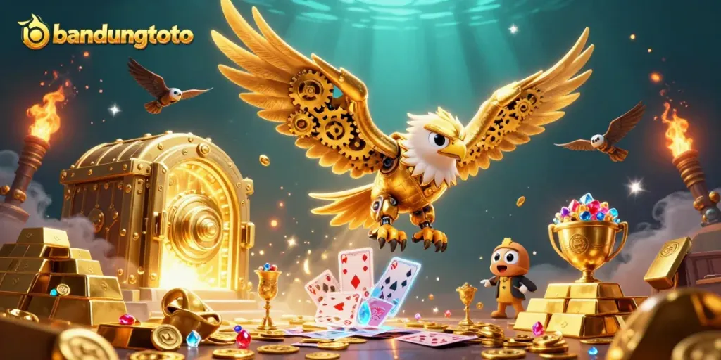 Experience thrilling action with bandungtoto's golden eagle soaring through a vibrant, holographic casino scene.