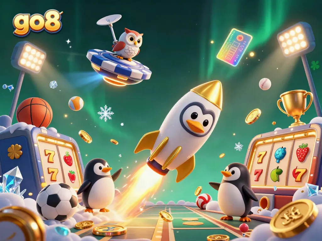 Join the go8 adventure with a golden penguin soaring above a vibrant casino-themed universe.