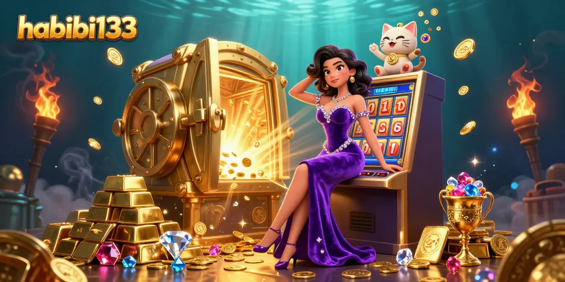 Experience the excitement of habibi133 as coins erupt from a jackpot slot machine in a vibrant casino scene.