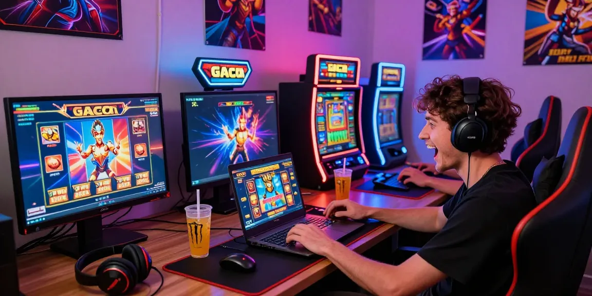 Engaged player enjoying slot gacor gaming experience with vibrant screens and casino atmosphere.