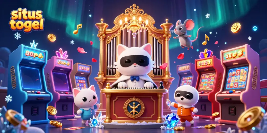 Experience fun at situs togel with a lively scene of a masked cat, a mouse acrobat, and lottery elements.