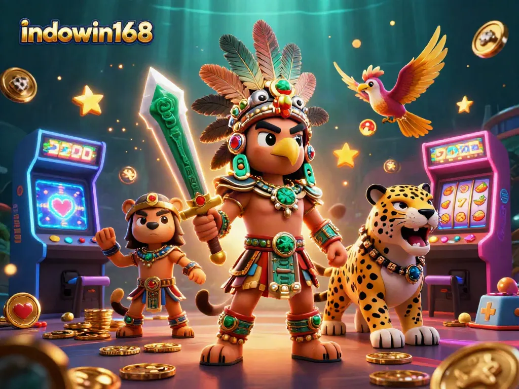 Engage with indowin168's thrilling 3D battle scene featuring Aztec warriors and vibrant gaming elements.