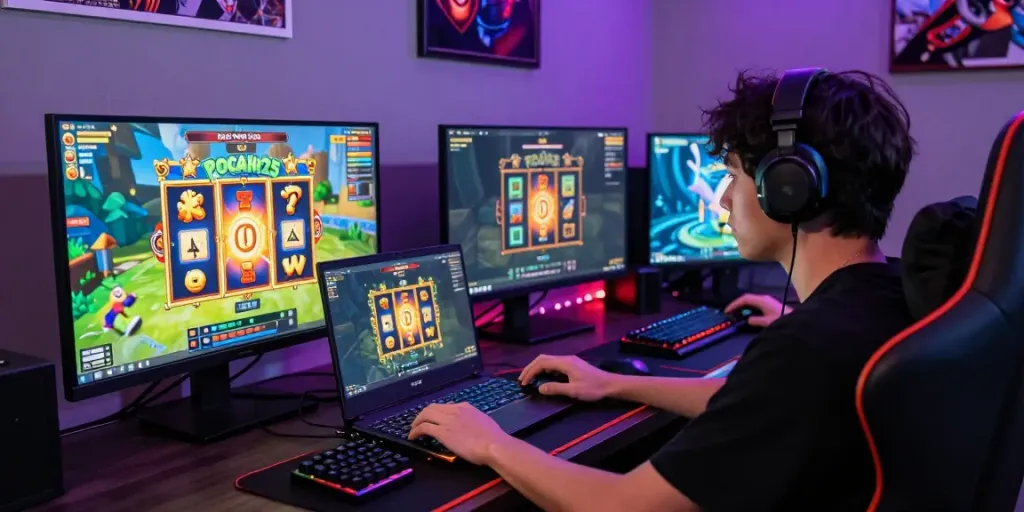 Pemain bermain pecah25 slot dengan fokus, dikelilingi alat gaming modern dan suasana yang mendebarkan.