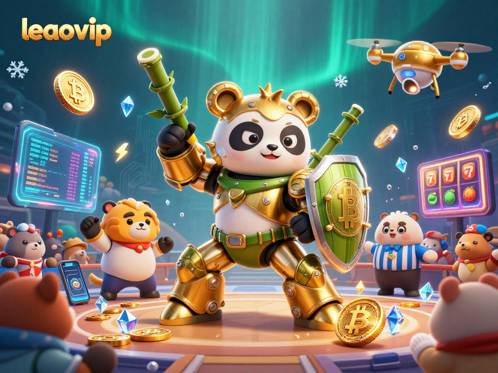 Slot jackpot menarik dalam ilustrasi 3D leaovip yang penuh dengan karakter dan elemen kasino.