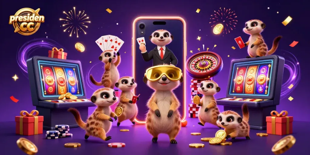 Meerkats operating an elaborate casino with presiden cc branding, showcasing vibrant slot games and colorful confetti.