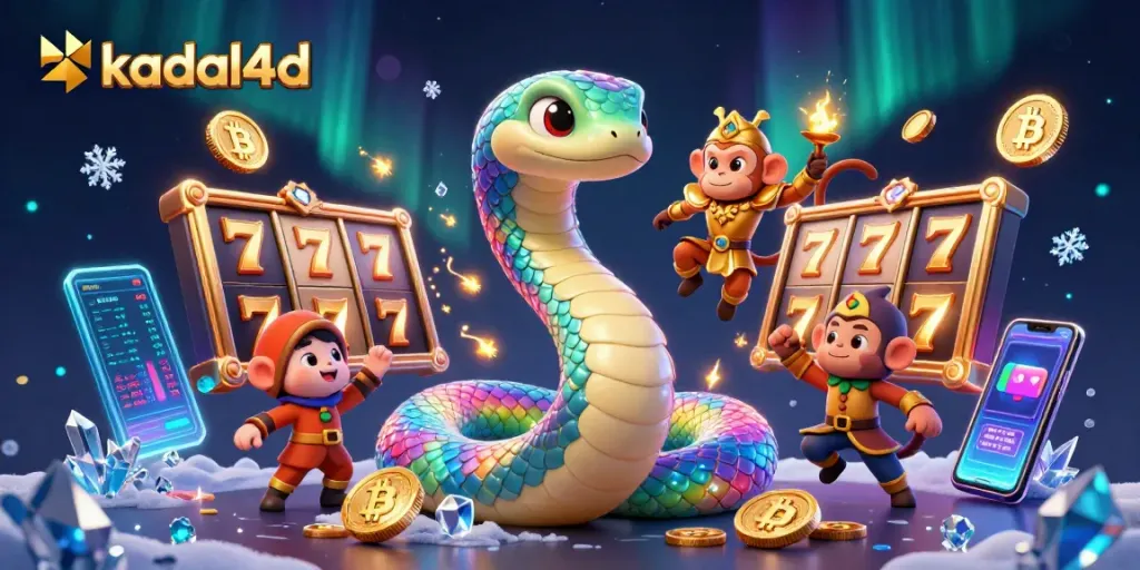 Win big with kadal4d in this vibrant 3D casino depiction featuring a radiant rainbow serpent and playful elements.