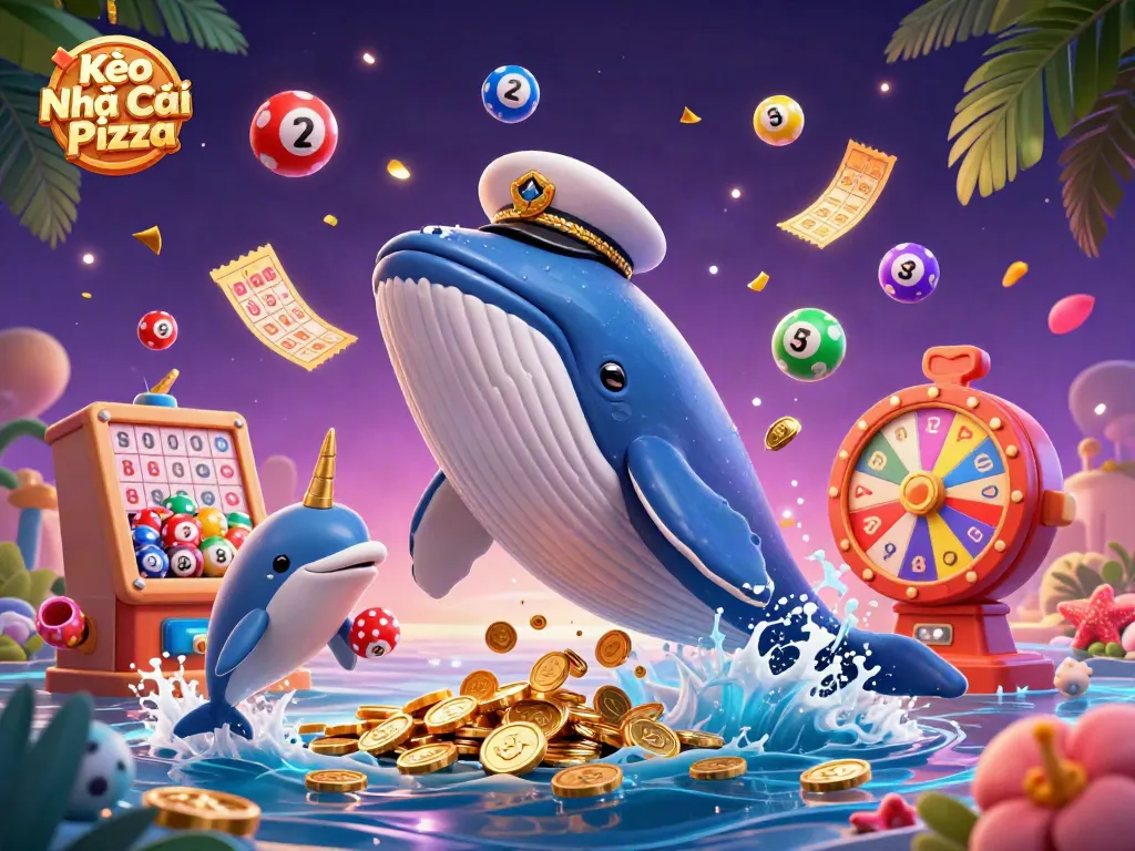 Experience Kèo Nhà Cái Pizza with vibrant dolphins and a gold-coated whale breaching through coins.