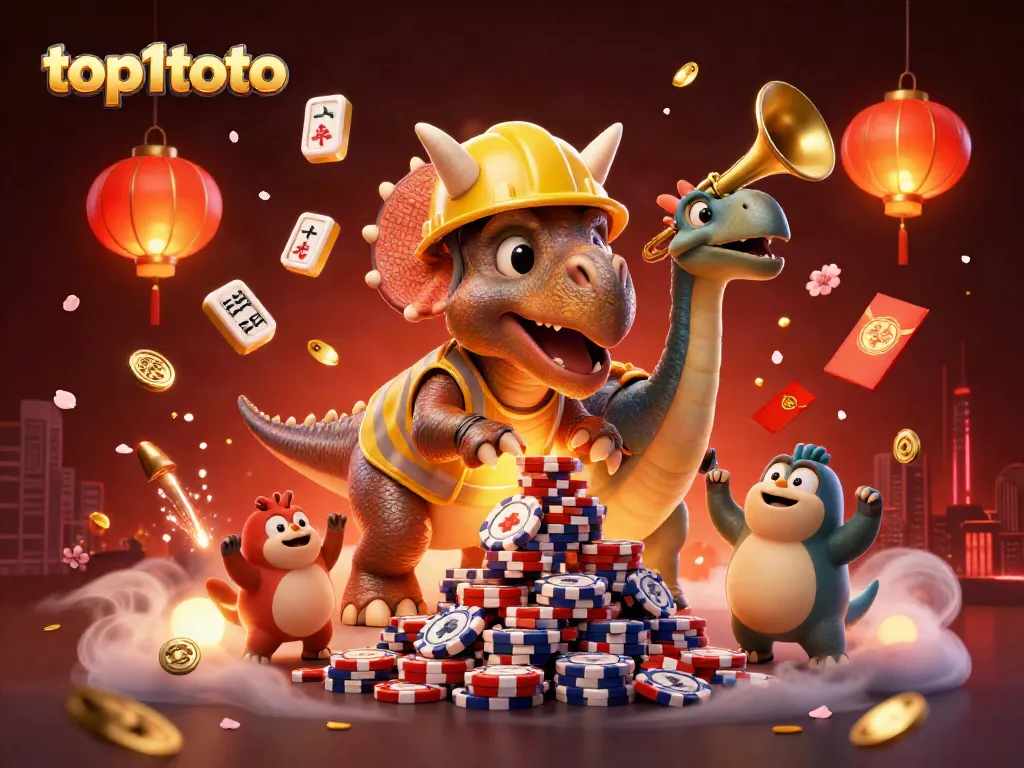 top1toto merayakan kemenangan dengan triceratops membangun papan poker di latar suasana kasino