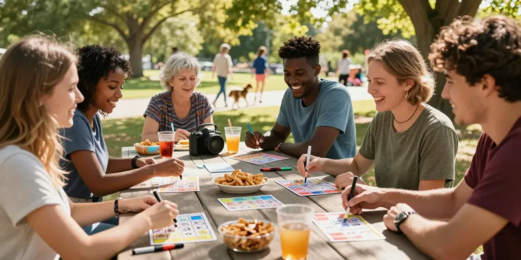 Sesi bermain alexistoto di luar ruangan dengan teman-teman, kartu bingo dan makanan ringan.