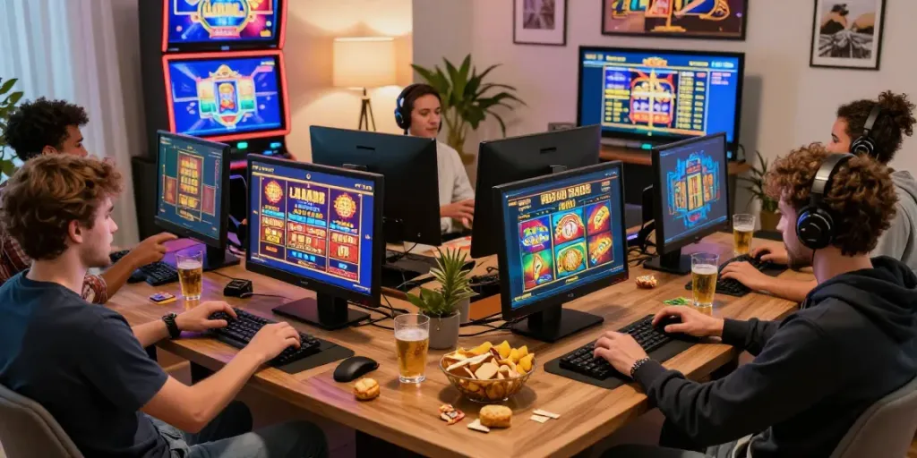 Pengguna bermain SLOT GACOR di rumah dengan suasana meriah dan perangkat modern.