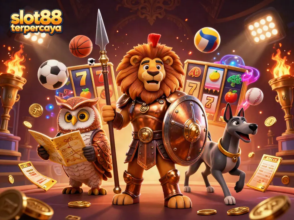 Experience the excitement of slot88 terpercaya with this stunning 3D illustration featuring a Spartan lion and casino elements.