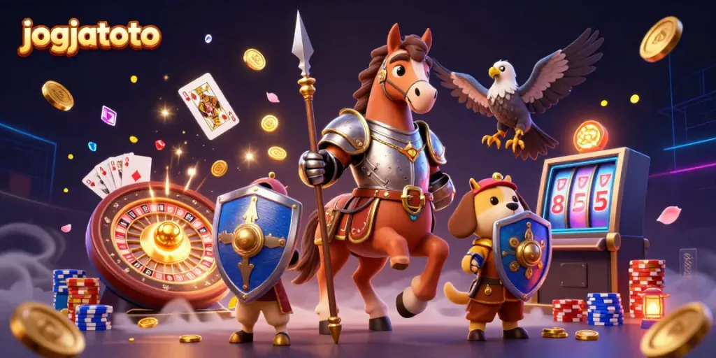 Experience exciting gameplay at jogjatoto with a medieval knight, squire puppy, and falcon amid casino elements.