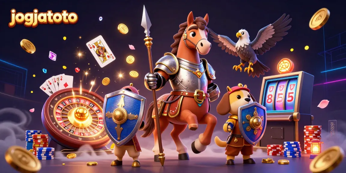 Experience exciting gameplay at jogjatoto with a medieval knight, squire puppy, and falcon amid casino elements.