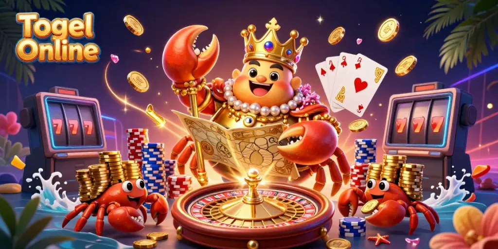 Togel Online: Raja kepiting emas bercorak berkilau di kasino, chip emas berserakan di sekitar.