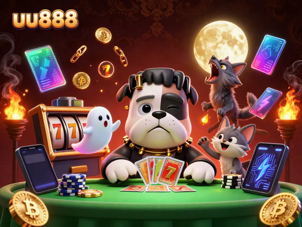 Engage in thrilling gameplay at uu888, featuring a whimsical card dealer alongside captivating casino elements.