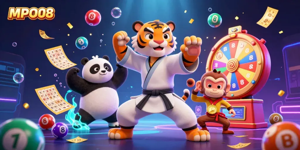 Engage with MPO08 in a vibrant 3D scene featuring fun lottery elements and iconic characters.