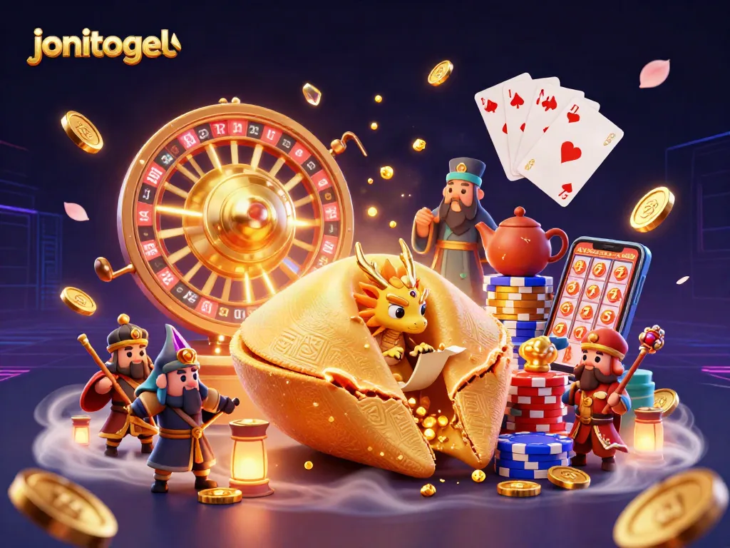 Spin the jonitogel slots with golden coins and treasure, exploring winning strategies in a vibrant casino scene.