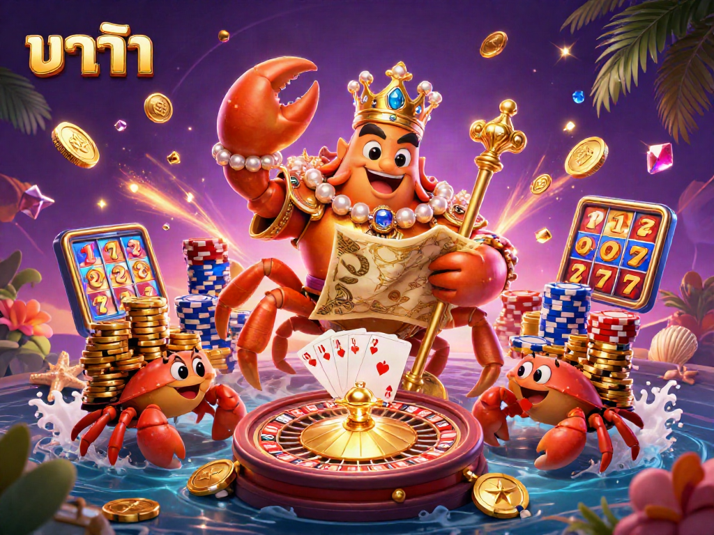 Experience the exhilarating world of บาคาร่า with a vibrant crab emperor and treasures in this lively casino scene.