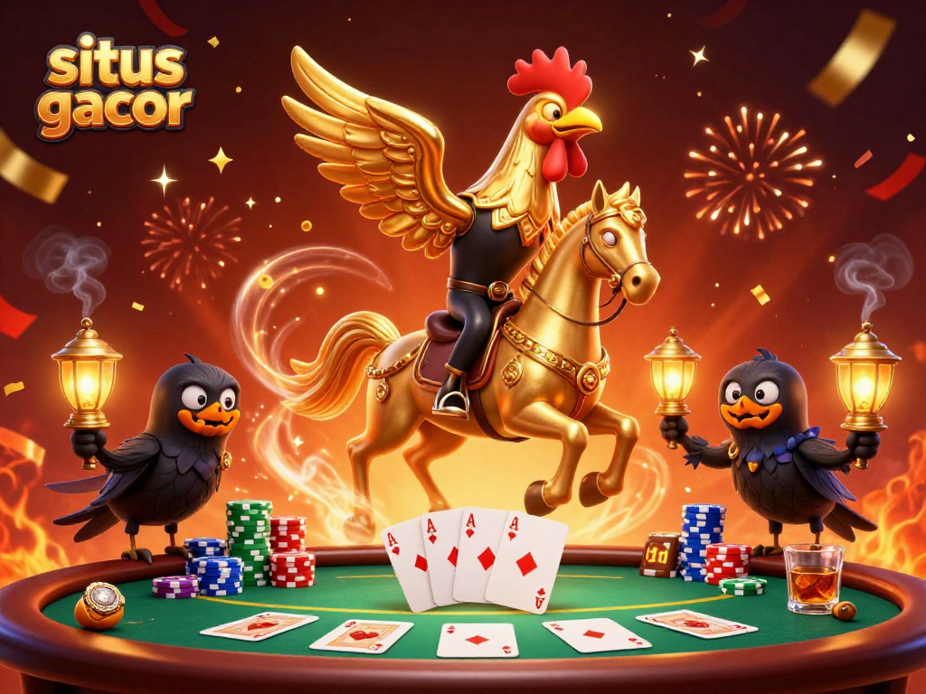 Action-packed scene showcasing situs slot gacor with a mythical golden rooster in a lively casino ambiance.