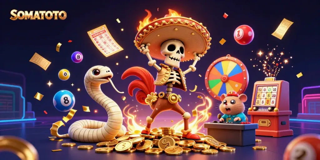 Engage with SOMATOTO's vibrant celebration scene featuring fun casino characters and dynamic lottery elements.