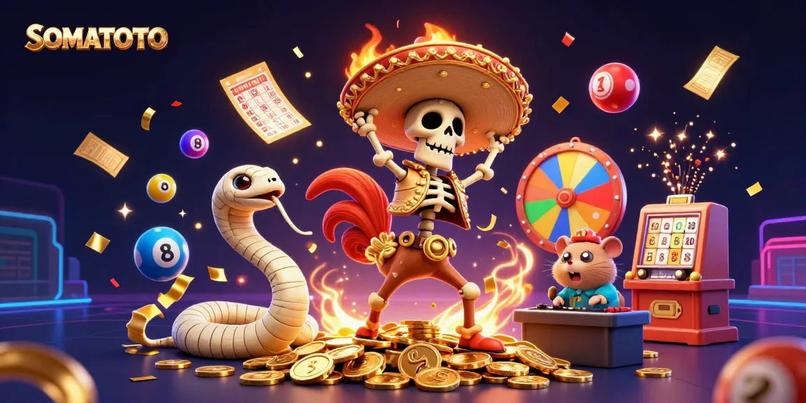 Engage with SOMATOTO's vibrant celebration scene featuring fun casino characters and dynamic lottery elements.
