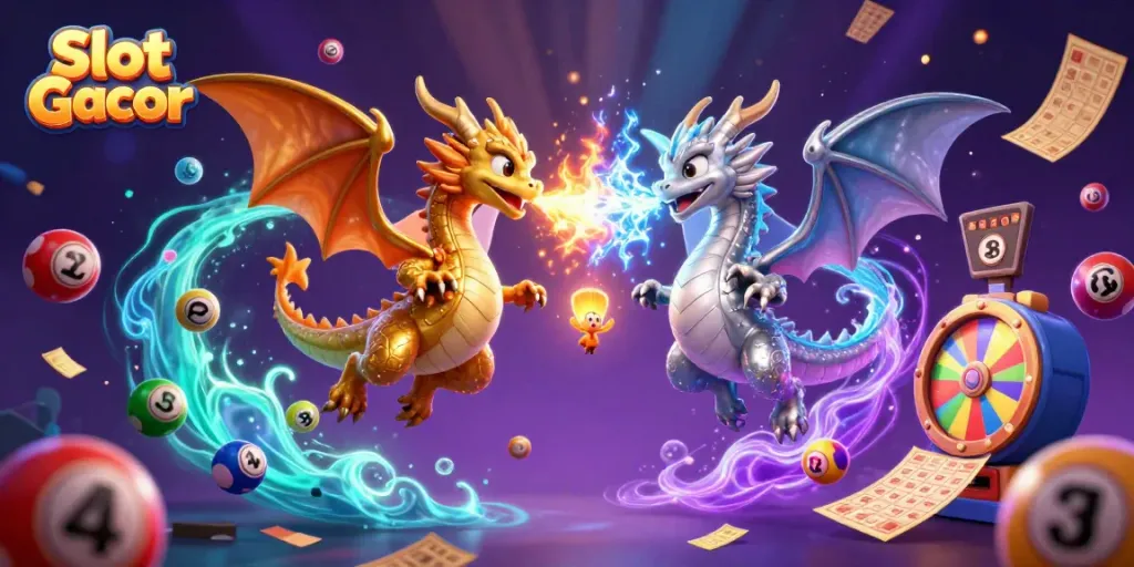 Slot Gacor menghadirkan dua naga 3D berwarna emas dan perak beradu elemen api dan es, dipenuhi bola lotere dan tiket keemasan.