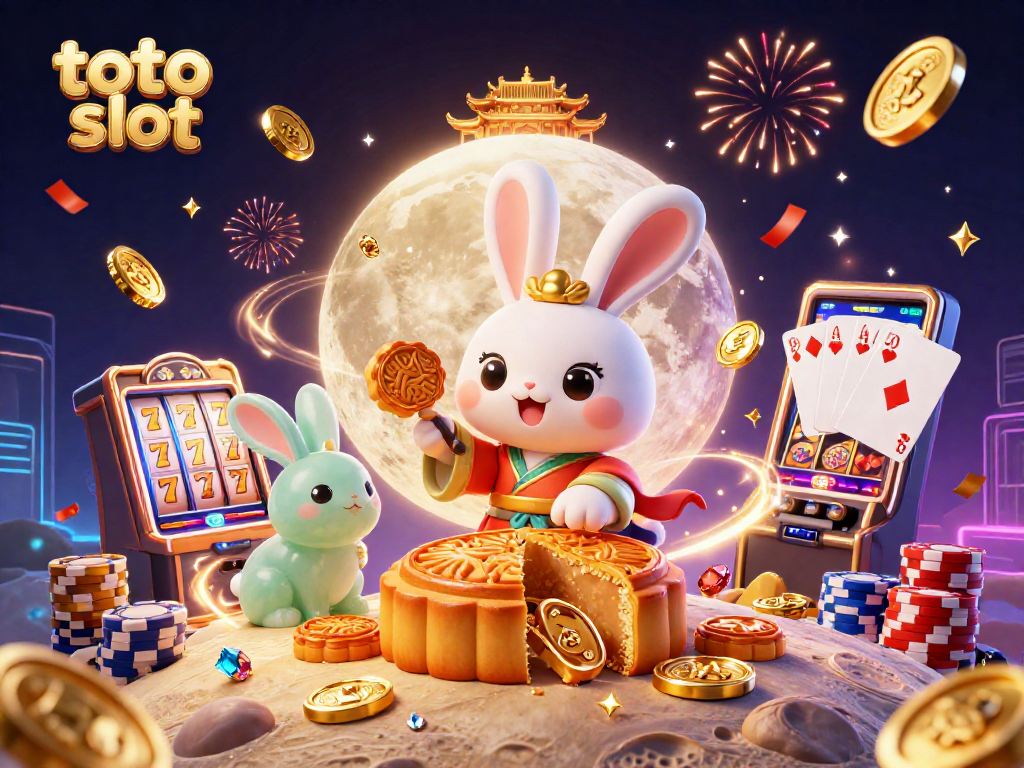 Slot toto dengan kelinci bulan dan koin emas dalam suasana kasino yang meriah
