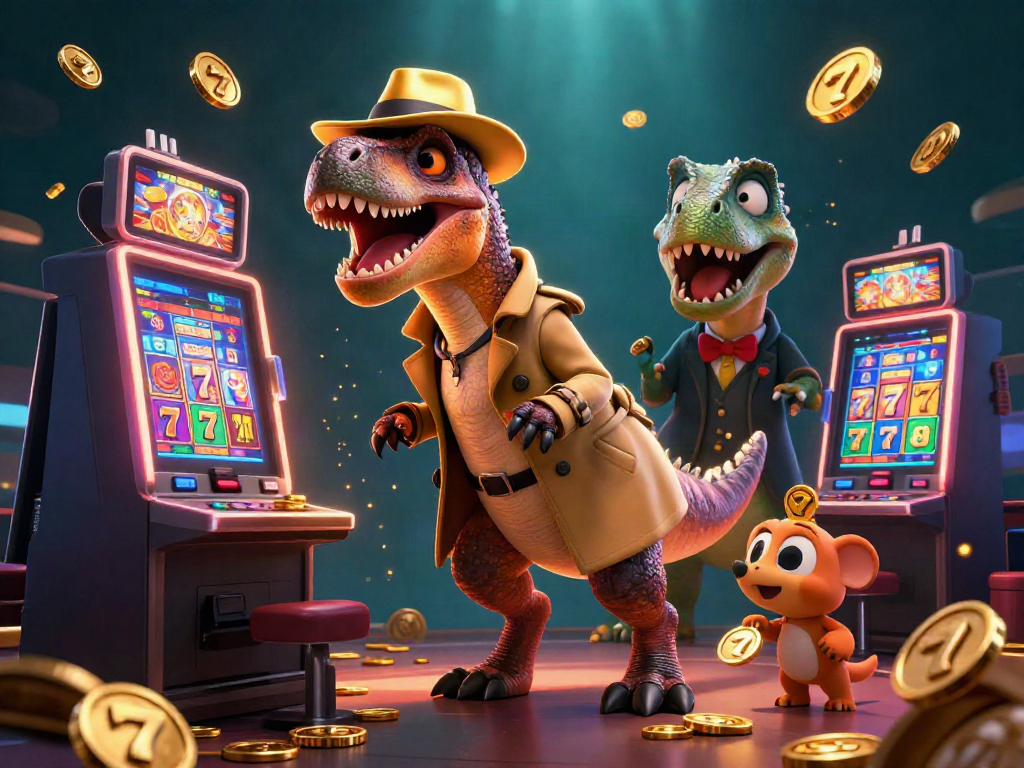 DEWAHOKI303 menunjukkan velociraptor di mesin slot dengan suasana kasino penuh efek cahaya.