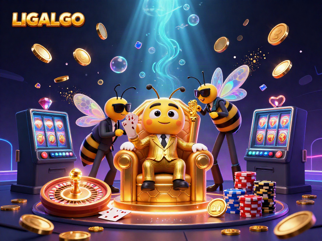 LIGALGO presents a vibrant casino scene with a cartoon bumblebee mob boss among cascading coins and spinning roulette wheels.