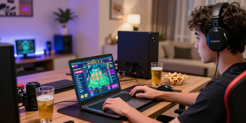 Pengguna BUNTOGEL bermain togel online dengan antusias di ruang kerja yang modern.