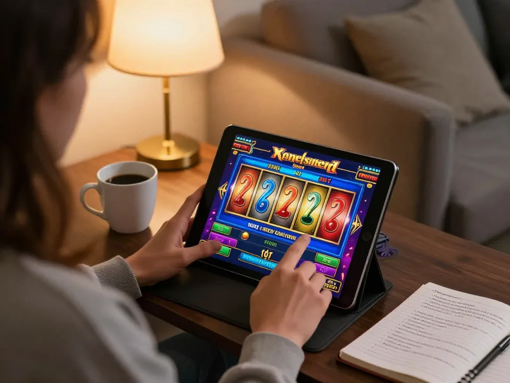 Engaging gameplay moment with vegasslot77 on tablet, showcasing exciting slot reels in a cozy setting