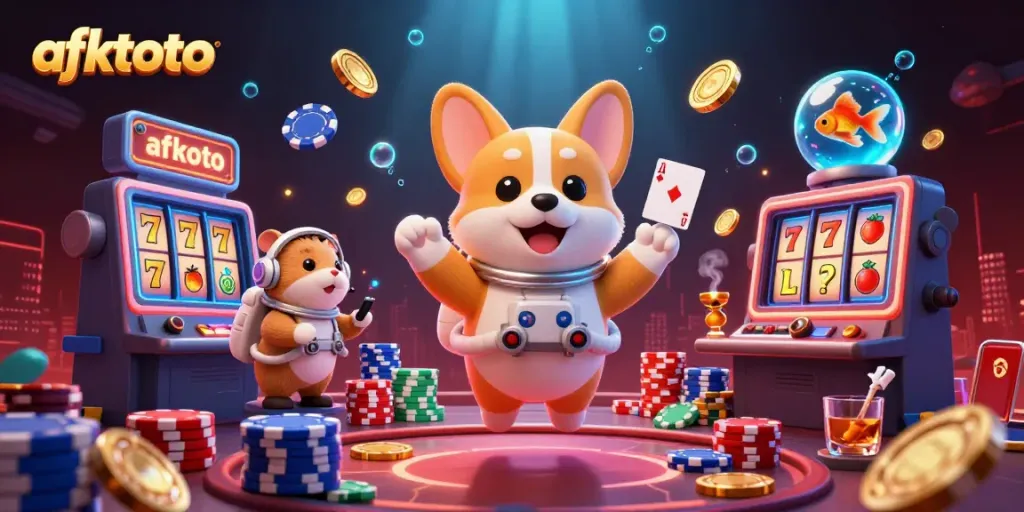 Engage with afktoto's thrilling space casino scene, featuring floating slot reels and vibrant characters.