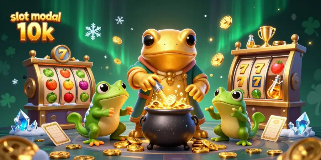 Menangkan slot modal 10k dengan simbol buah beruntung dan piala emas dalam ilustrasi kasino 3D yang menakjubkan.