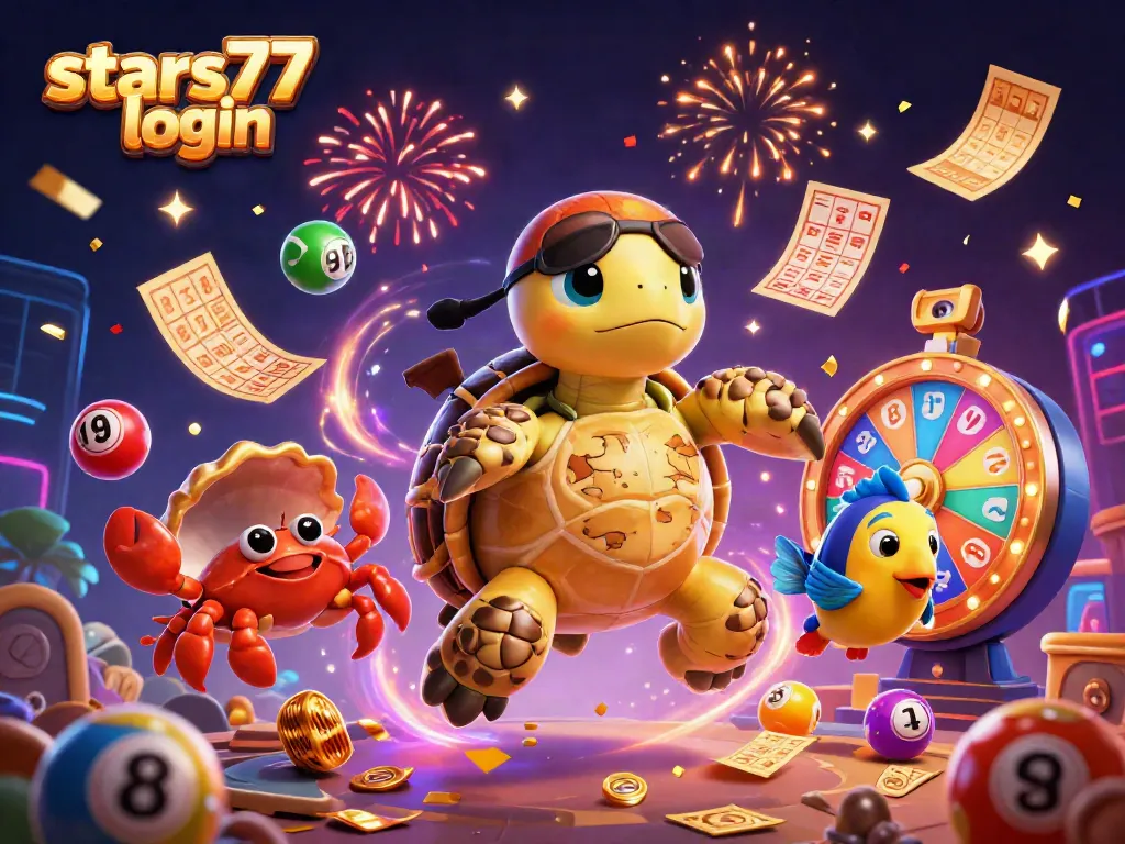 Bermain di stars77 login, kombinasi karakter lucu dalam suasana lotere yang meriah dengan bola berwarna dan hadiah menggiurkan.