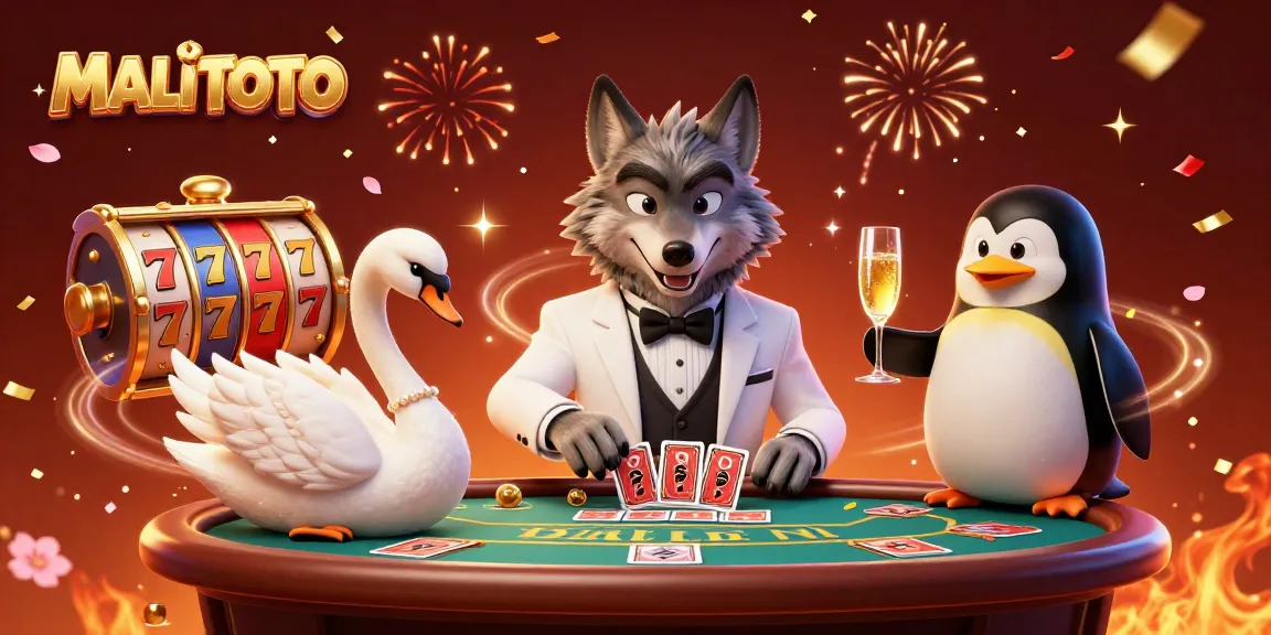 MALITOTO features a sophisticated gaming scene with a debonair wolf, elegant swan, and penguin delivering casino excitement.